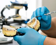 Dentist performing cosmetic dentistry work on a dental cast of teeth in a lab.